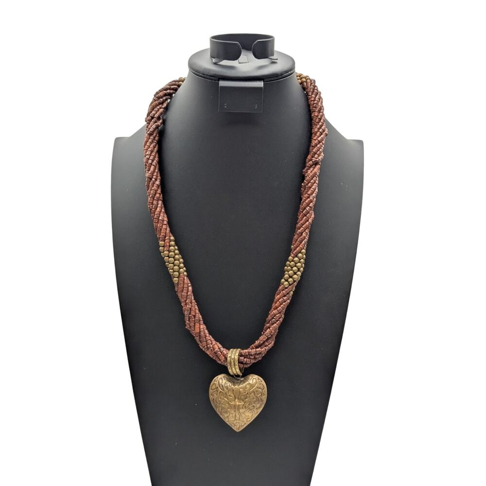 Vtg Twisted Multi-Strand Coconut Shell Brass Bead Embossed Brass Heart Necklace